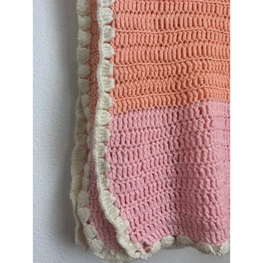 Handmade Pink~Peach~Ivory Crochet Knit Baby Blanket Quilt 64”x33”